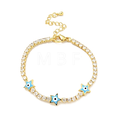 Star with Evil Eye Enamel Link Bracelet with Clear Cubic Zirconia Tennis Chains BJEW-G650-01G-1