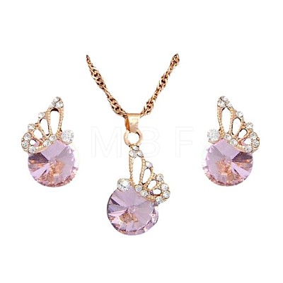 Butterfly & Flat Round Alloy Rhinestone Pendant Necklaces & Stud Earrings FS-WG892EC-01-1