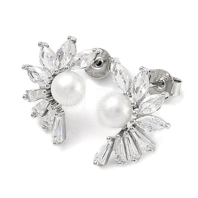 Anti-Tarnish Cubic Zirconia Flower with Natural Pearl Stud Earrings EJEW-F318-13P-1
