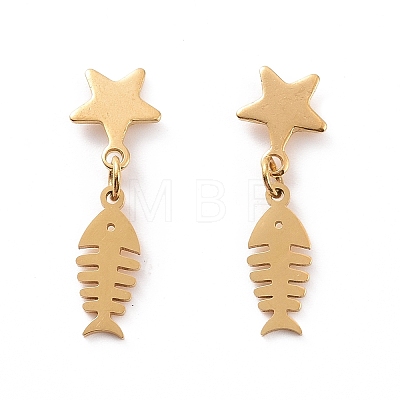 304 Stainless Steel Fishbone with Star Dangle Stud Earrings for Women EJEW-G328-11-1
