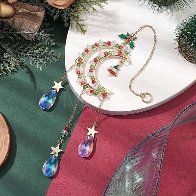 Christmas Theme Glass Beads & Brass Moon Hanging Ornaments HJEW-TA00261-1