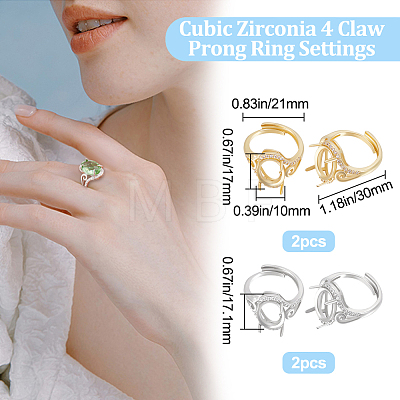 4Pcs 2 Colors Adjustable Brass Micro Pave Clear Cubic Zirconia Finger Ring Components ZIRC-BBC0001-95-1
