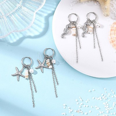 2Pairs 2 Styles Natural Freshwater Shell & 304 Stainless Steel Pendants Dangle Earrings for Women EJEW-JE07140-1