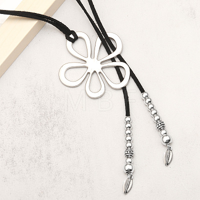 Flower Hollow Flower Bohemian Style Alloy Pendant Black Faux Suede Cord Lariat Necklaces for Women FS-WG7C28D-01-1