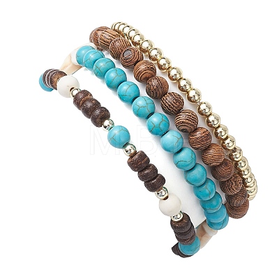 4Pcs 4 Styles Synthetic Turquoise & Coconut & Wood & Non-magnetic Synthetic Hematite Beaded Stretch Bracelet Sets BJEW-JB10720-1