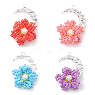 4Pcs 4 Colors Glass Seed Beaded Moon & Flower Pendants PALLOY-MZ01185-1