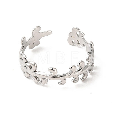 304 Stainless Steel Leafy Branch Open Cuff Ring for Women RJEW-E063-21P-1