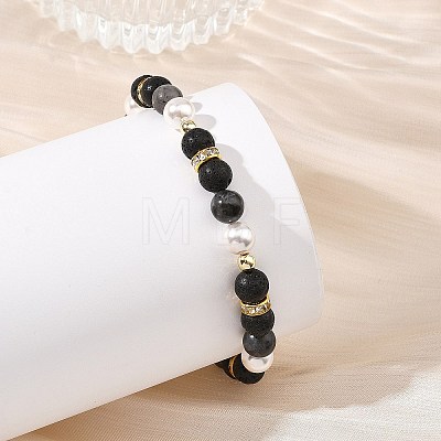 3Pcs 3 Styles Natural Lava Rock & Larvikite & Shell Pearl Beaded Stretch Bracelets for Kids BJEW-JB14097-1
