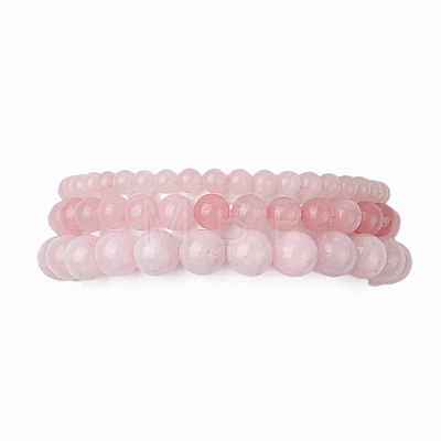 3Pcs Round Natural Rose Quartz Beads Stretch Bracelets BJEW-JB10963-1