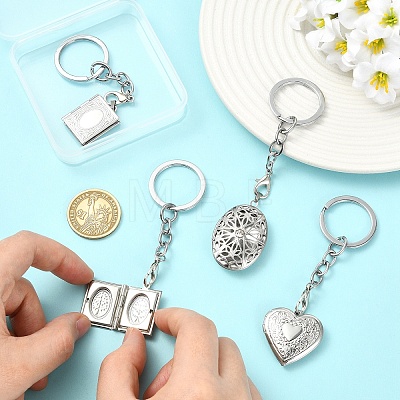 4Pcs 304 Stainless Steel Locket Pendant Keychains KEYC-YW00268-1