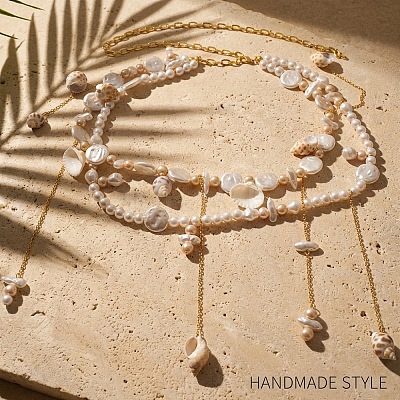 Summer Beach Alloy Imitation Pearl and Natural Shell Tassel Waist Beads for Bikini WG13900-02-1