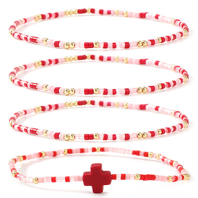 4Pcs Vintage Cylinder Seed Beads &  Brass Beaded Bracelet Sets VC6317-4-1