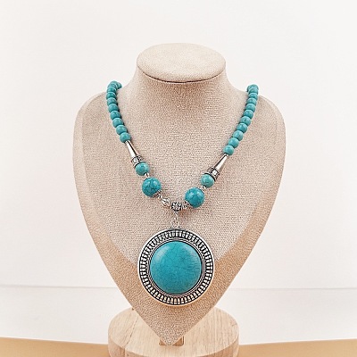 Vintage Alloy with Dyed Synthetic Turquoise Bohemian Flat Round Pendant Round Beaded Necklaces for Women DH5504-1-1
