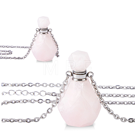 Natural Rose Quartz Faceted Perfume Bottle Pendant 304 Stainless Steel Cable Chain Necklaces NJEW-WH0002-268C-1