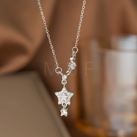 Brass Pave Clear Cubic Zirconia Star Pendant 304 Stainless Steel Cable Chain Necklaces for Women WGDE7B3-02-1