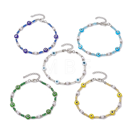 Handmade Evil Eye Lampwork & Glass Seed Beaded Anklets AJEW-AN00573-1