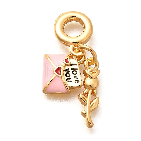 Brass Enamel Letter & Rose Flower European Dangle Charms KK-U048-05G-01-1