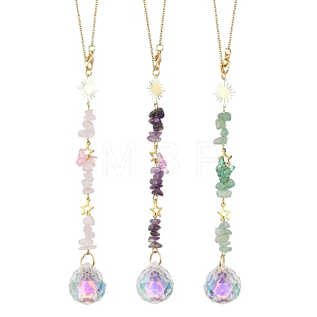 3Pcs Round Glass & Natural Amethyst & Rose Quartz & Green Aventurine Chips Hanging Suncatchers HJEW-JM04209-1