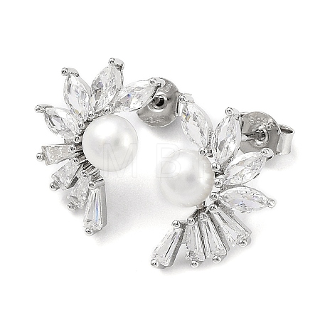 Anti-Tarnish Cubic Zirconia Flower with Natural Pearl Stud Earrings EJEW-F318-13P-1