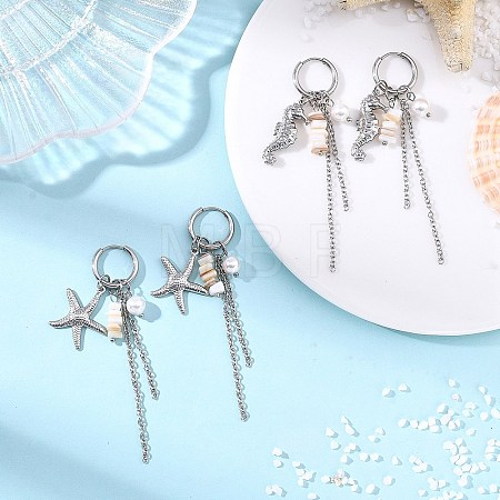 2Pairs 2 Styles Natural Freshwater Shell & 304 Stainless Steel Pendants Dangle Earrings for Women EJEW-JE07140-1