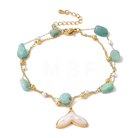 Summer Beach Nuggets Natural Amazonite & Imitation Pearl Multi-Strand Anklets BJEW-P326-06B-G-1
