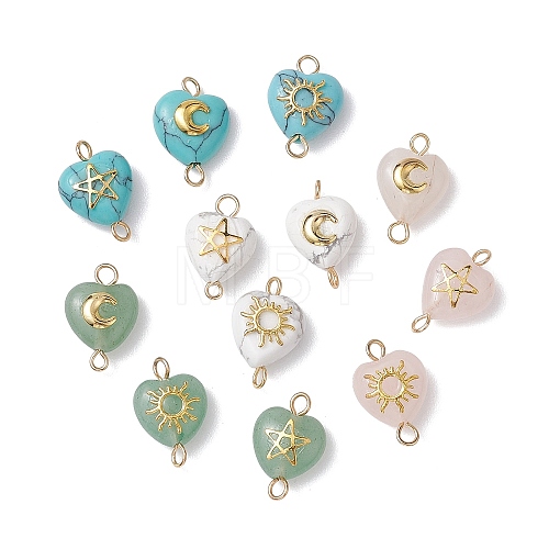 Mixed Gemstone Heart Links Connector Charms with Golden Tone Sun Moon Star Metal Slices PALLOY-JF02762-1