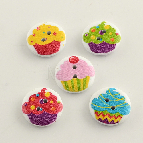 2-Hole Ice-Cream Pattern Printed Wooden Buttons BUTT-R031-026-1