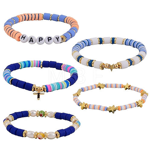 5Pcs 5 Style Handmade Polymer Clay Beads Stretch Bracelets Sets BJEW-SZ0001-77B-1