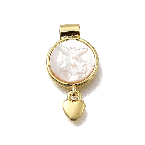 Brass Pave Natural White Shell Flat Round with Heart Pendants KK-C090-37G-08-1