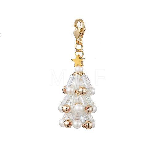 Christmas Tree Glass & Shell Pearl Pendant Decorations HJEW-TA00182-02-1