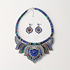 Bohemian Ethnic Style Alloy Rhinestone & Polyester Cord Pendant Necklaces & Horse Eye Stud Dangle Earrings Sets FS-WG2889B-02-2