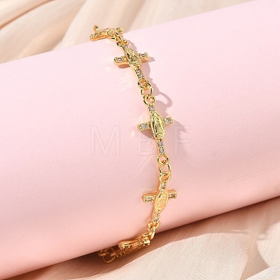 Clear Cubic Zirconia Cross with Virgin Link Chains Bracelet BJEW-G773-05G-1