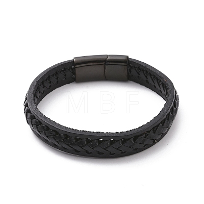 Black Leather Braided Cord Bracelet with 304 Stainless Steel Magnetic Clasps BJEW-P275-19-1