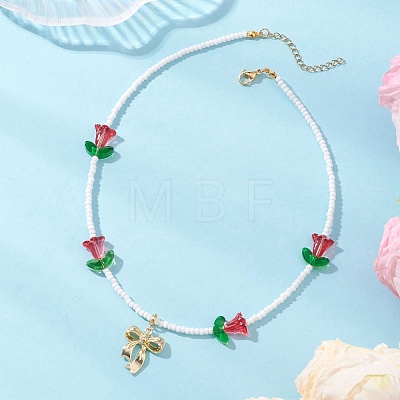 Alloy Bowknot Pendant Tulip Flower Glass Seed Beaded Necklaces for Women NJEW-MZ00148-01-1