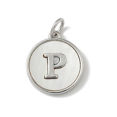 Brass Pave Natural Shell Flat Round with Letter Charms KK-Z115-13P-P-1