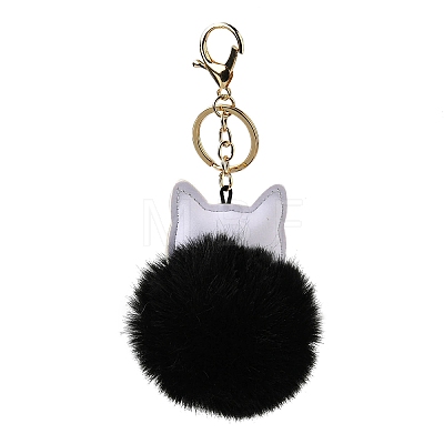 Imitation Rex Rabbit Fur Ball & PU Leather Cat Pendant Keychain KEYC-K018-05KCG-04-1