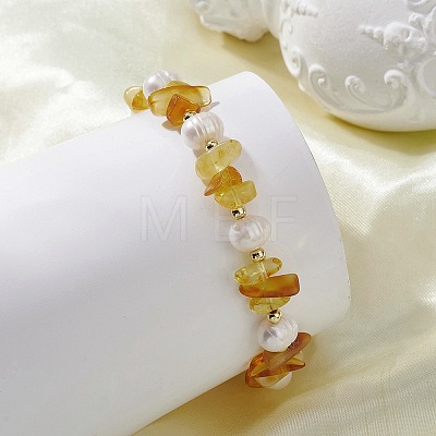 Natural Amber & Cultured Freshwater Pearl & Brass Beaded Bracelets for Women BJEW-JB13663-1