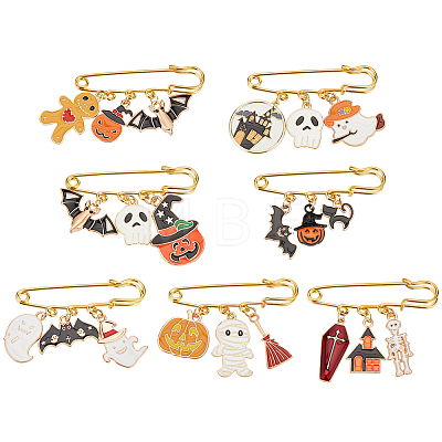 1Set Halloween Pumpkin & House & Skull & Bat Alloy Enamel Charms Safety Pin Brooch JEWB-BC0001-05-1