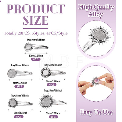 20Pcs 5 Styles Iron Snap Hair Clips with Tibetan Style Alloy Round Trays MAK-TA0001-45-1
