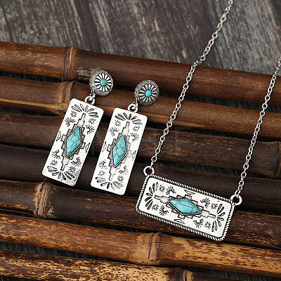 Western Aztec Alloy & Synthetic Turquoise Stud Earrings & Pendant Necklaces Sets FS-WGDC47F-01-1