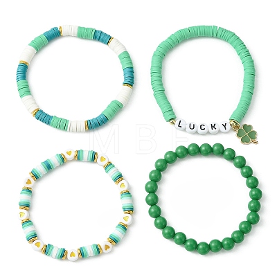 4Pcs 4 Style Word Lucky Acrylic & Brass & Polymer Clay Disc Beaded Stretch Bracelets Set BJEW-TA00313-1