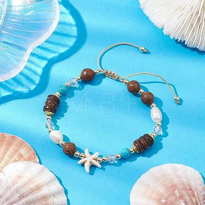 Adjustable Dyed Synthetic Turquoise & Coconut & Wood & Pearl Braided Bead Bracelets BJEW-JB10721-01-1