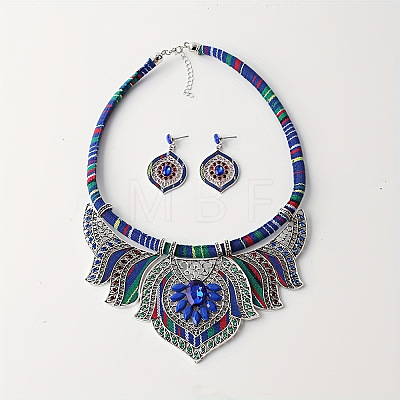 Bohemian Ethnic Style Alloy Rhinestone & Polyester Cord Pendant Necklaces & Horse Eye Stud Dangle Earrings Sets FS-WG2889B-02-1