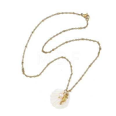 Summer Beach Natural Carved White Shell & 304 Stainless Steel Sea Animals Pendant Satellite Chain Necklaces NJEW-JN06505-1