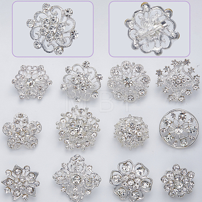 Gorgecraft 12Pcs 12 Style Crystal Rhinestone Flower Brooch Pins JEWB-GF0001-36B-1