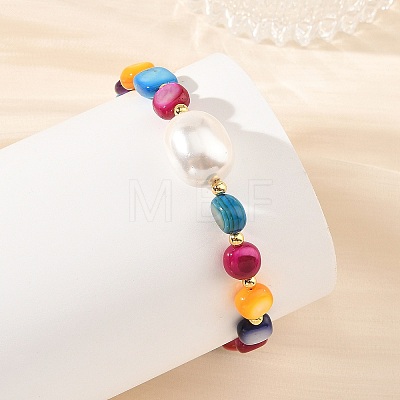 Dyed Natural Shell Nuggets & Shell Pearl Beaded Bracelets BJEW-JB14208-1