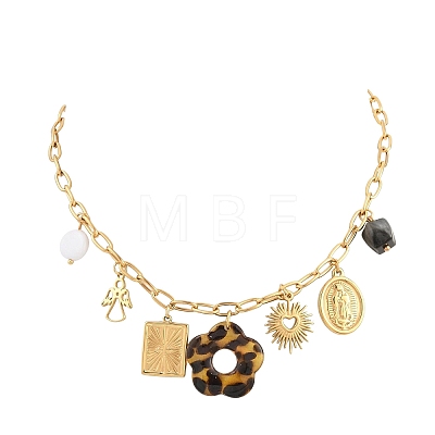 304 Stainless Steel & Resin & Imitation Pearl Multi-Pendant Bib Necklaces for Women SA-CBA717A-03G-01-1