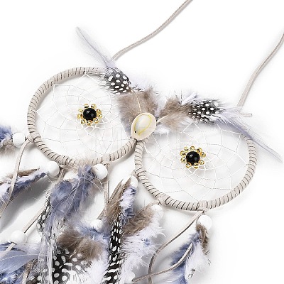 Owl Woven Web/Net with Feather Hanging Ornaments HJEW-G025-05-1