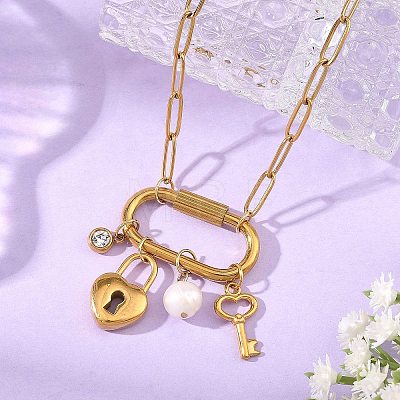 304 Stainless Steel Key & Lock Pendant Paperclip Chain Necklaces with Natural Freshwater Pearl and Screw Clasps NJEW-JN06493-1
