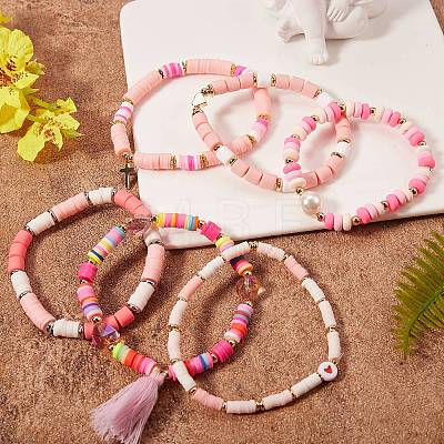 8Pcs 8 Style Love Word Polymer Clay Heishi Beaded Stretch Bracelets Set for Teen Girl Women BJEW-SZ0001-79-1